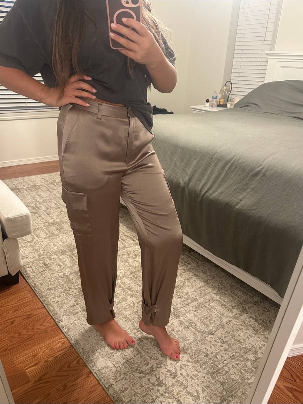 Satin Cargo Ankle-Tie Pants - Brown